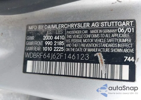 2002 Mercedes-Benz C 320 z USA, uszkodzony, nr VIN WDBRF64J62F146123